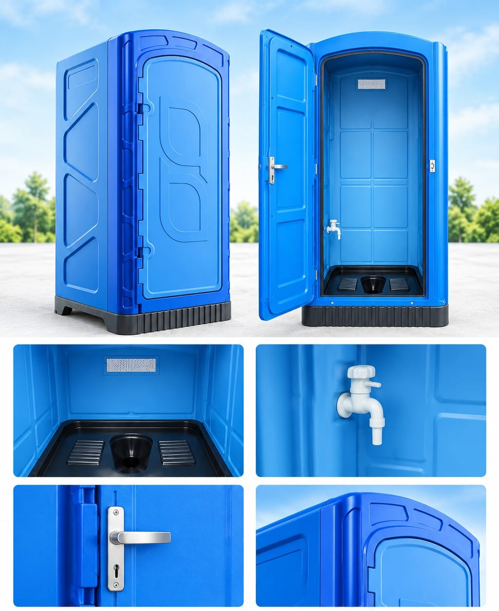 Indian style portable toilet available on monthly rent, showing the cubicle, squat pan, wash basin and tap